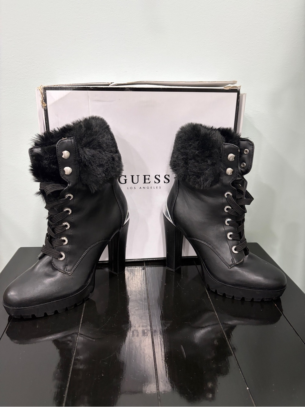GUESS Black Faux-Fur Lace-Up High Heel Ankle Boots